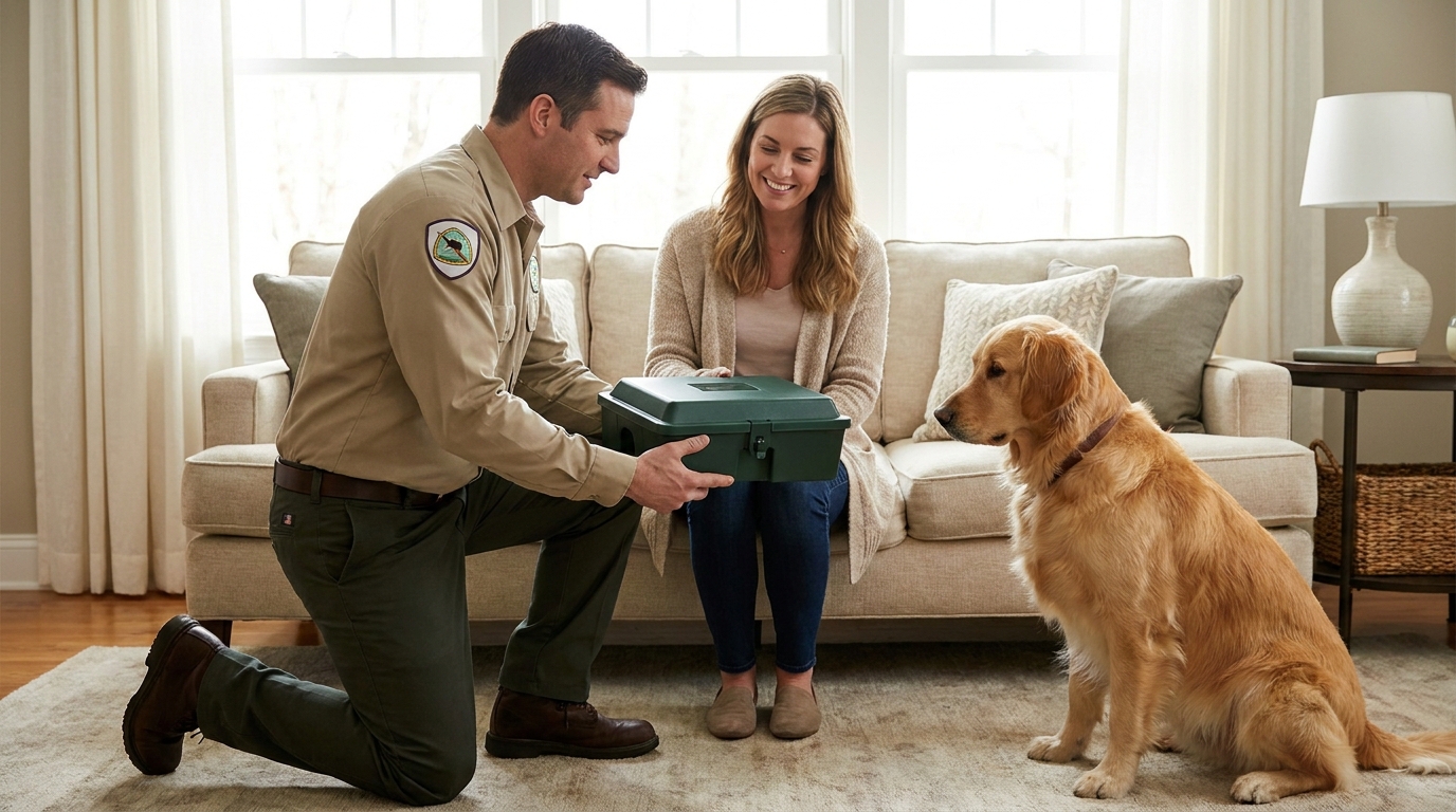 Technicien dératiseur en intervention chez un particulier avec chien à Écully (69130)